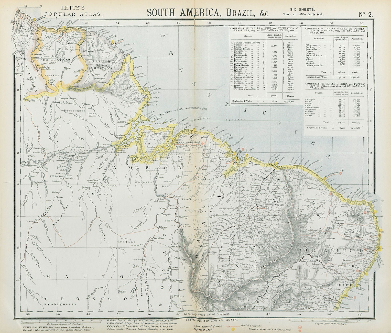 NORTH BRAZIL & GUYANAS. Lighthouses. Graopara Surinam Natal. LETTS 1883 map